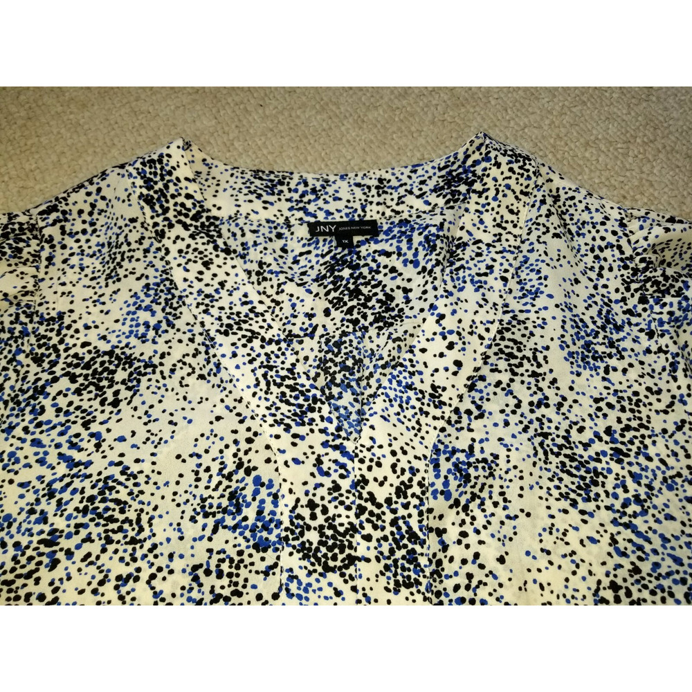 Womens Top-JNY JONES NEW YORK-white/blue/black dotted silky V-neck tunic ss-1X - Picture 2 of 4